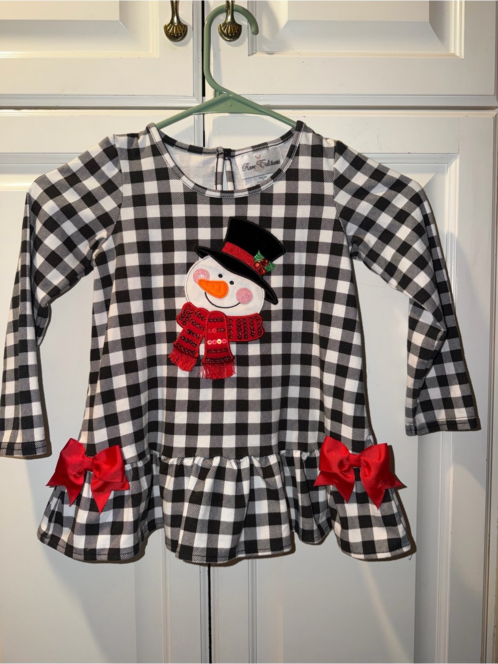 Rare Editions Black White Gingham Snowman Peplum Dress with Red Bows Size 4T